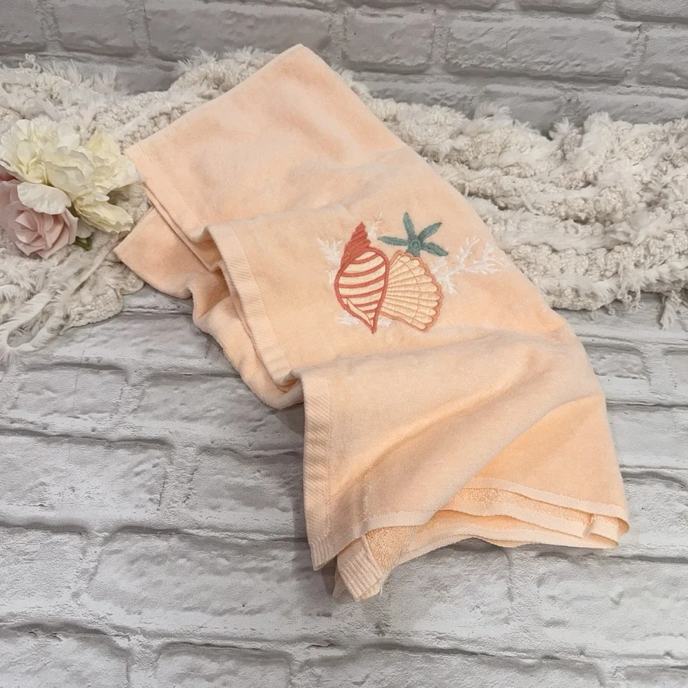 Vtg RA Briggs Seashell Embroidered Peach Bath Towel 4pc Set Beach House Seashore